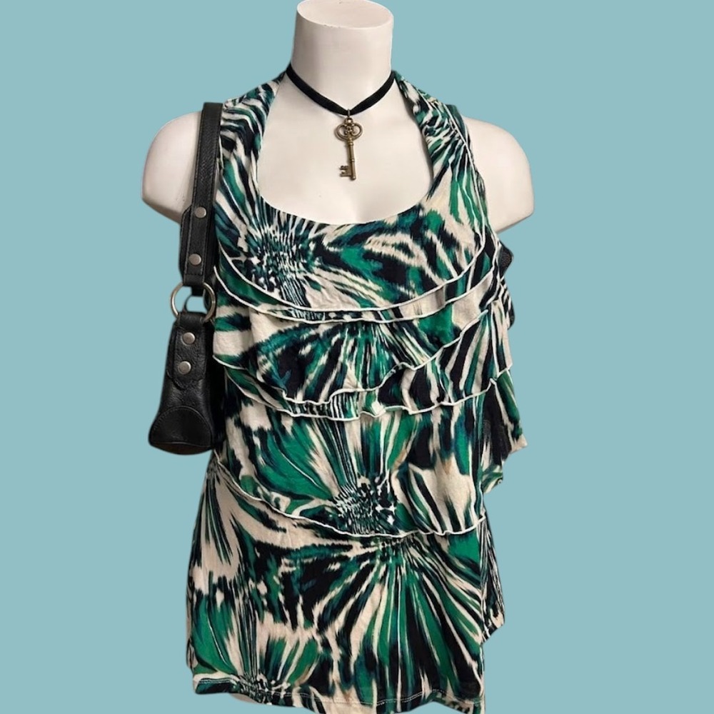 Worthington Woman Green Black Abstract Ikat Ruffle Halter Top Plus 3X - Picture 1 of 10